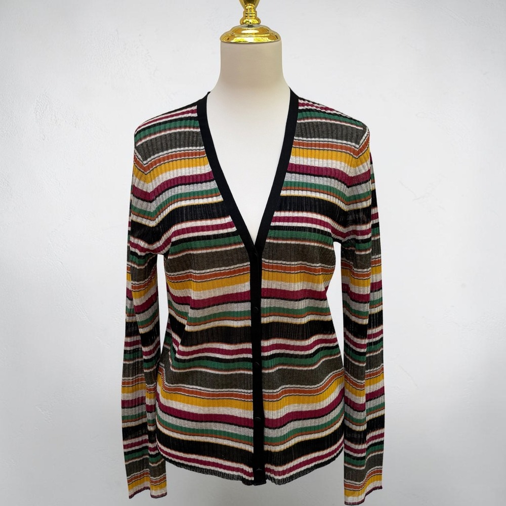 Veronica Beard Keke Cardigan L MultiColor Striped V-Neck Ribbed Knit Button Up